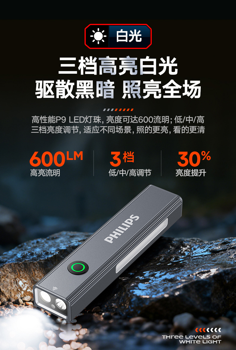 Philips high-brightness flashlight, UV light for identification, household small laser pointer, multifunctional outdoor lighting emergency light