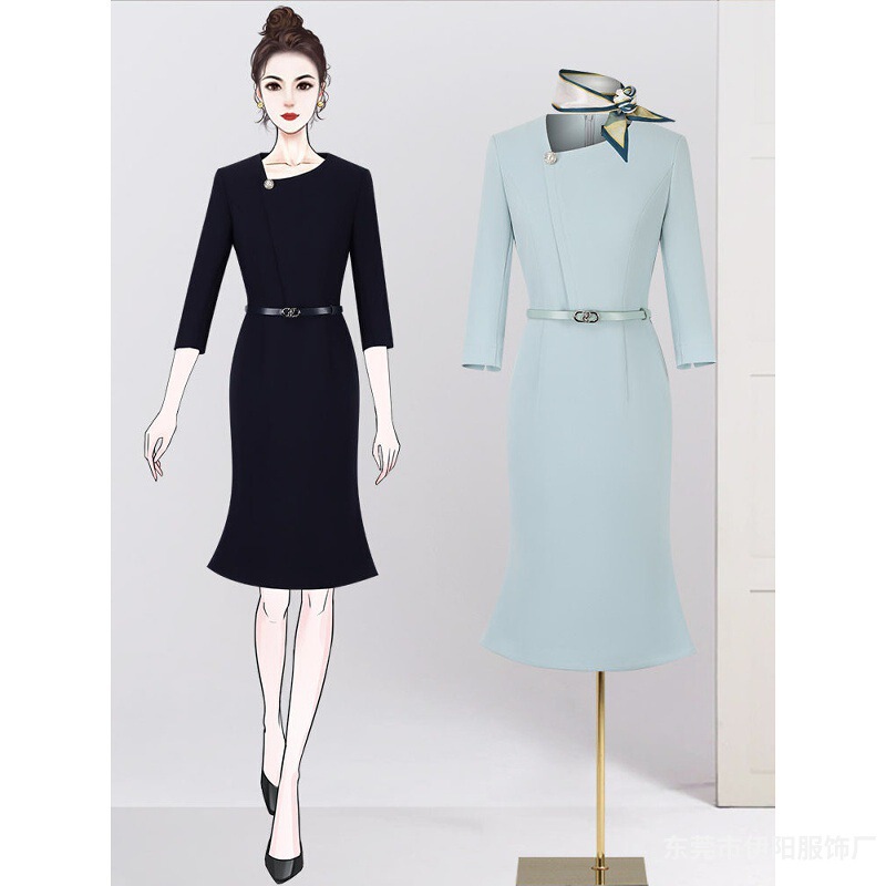 Professional Dress for Women, High-End Three-Quarter Sleeve Formal Wear, Hotel Front Desk Reception Work Uniform, Light Business Fishtail Skirt