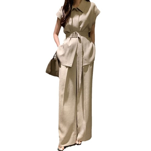 Fashionable Women's Set French Style Elegant Waist-Tie White Shirt Summer High-Waisted Wide-Leg Casual Pants Two-Piece Set