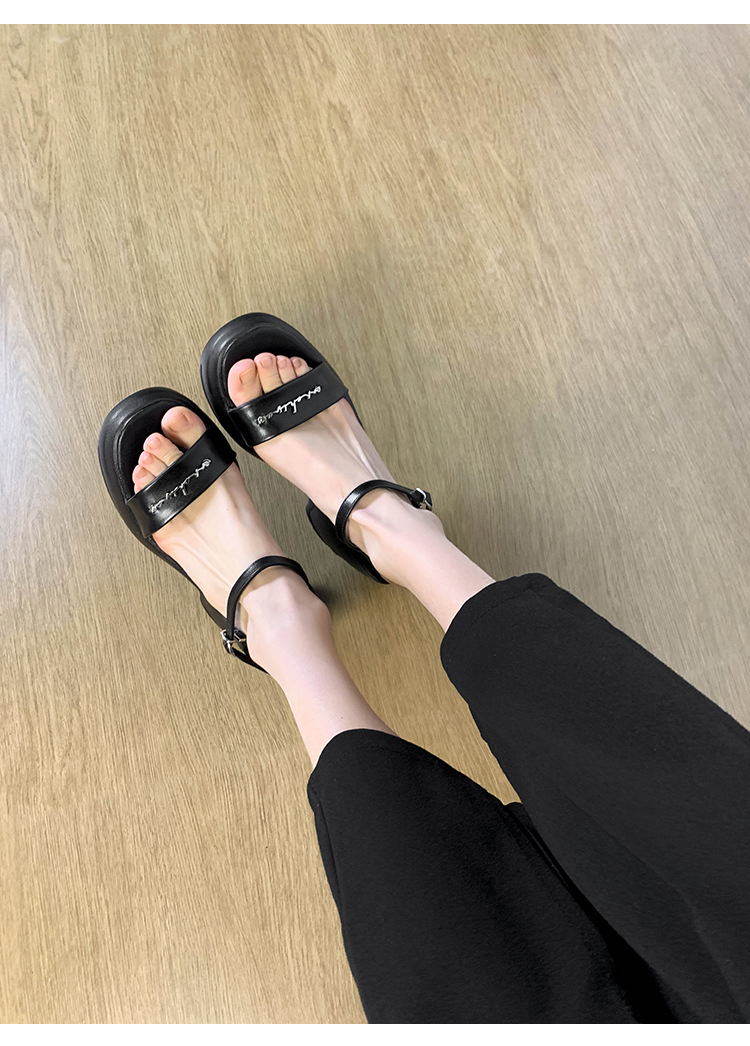 Sandal thể thao nữ đế xuồng cao 5 cm quai ngang chữ T — màu đen, màu trắng ngà chi tiết 13