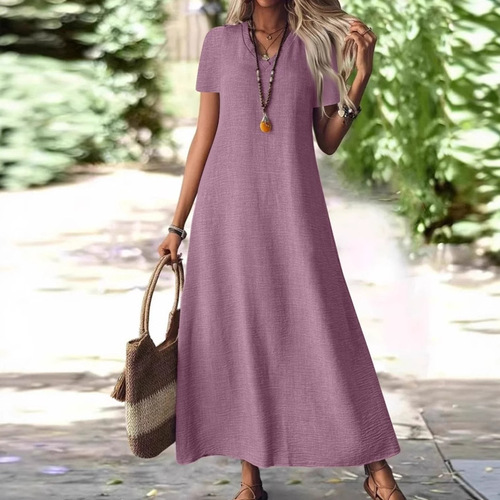 2025 New European and American style summer back zipper short-sleeved dress cotton linen plain color fashion slimming 