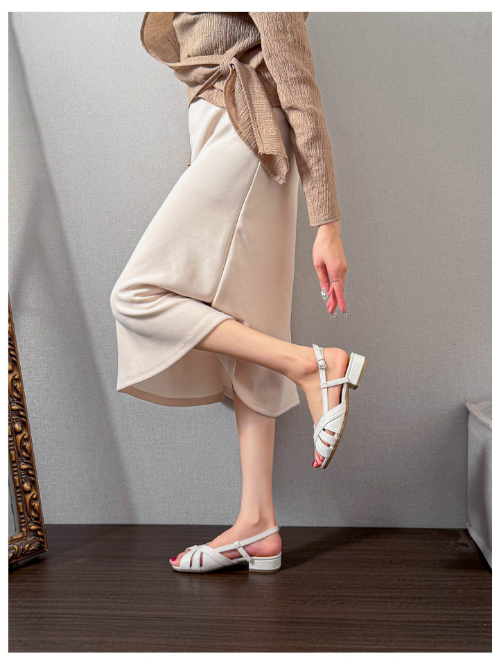 Giày sandal nữ kiểu La Mã quai ngang bít mũi, gót thô 3 cm — Màu trắng ngà chi tiết 14