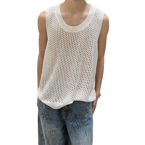 Unlined open-front vest with sleeveless design, high-end men's niche fashion, base layer casual summer knit short sleeve.