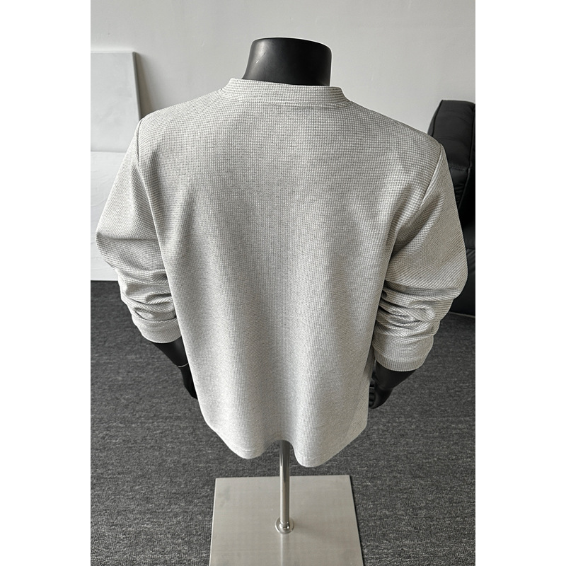 T-shirt a maniche lunghe da uomo in maglia waffle con mezza zip e patchwork destrutturato, vestibilità pulita, stile americano di tendenza, pesante, primavera._voghion.com