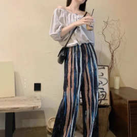 轧染条纹阔腿裤女褶皱风格新款设计感休闲裤复古风高腰宽松拖地裤