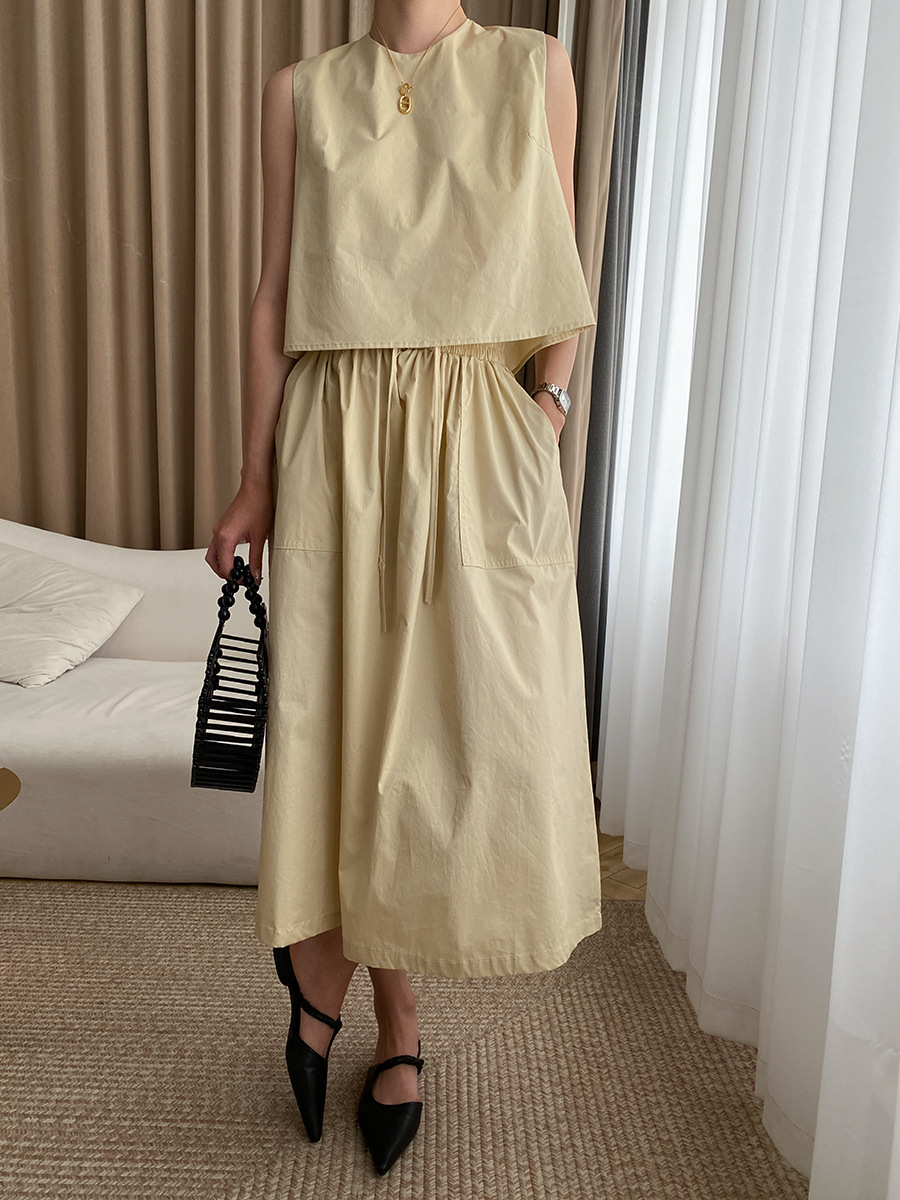 French Simplicity Elegant Pure Cotton Washed Thin round Neck Vest Umbrella Skirt Two Piece Suit