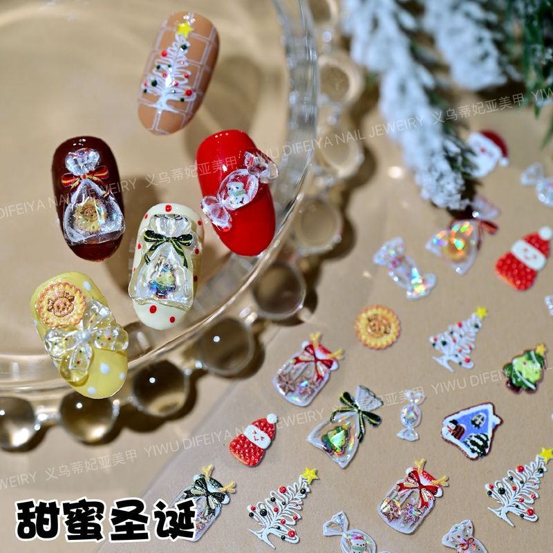 新款圣诞浮雕美甲贴纸贝壳光圣诞树糖果礼物雪人蝴蝶结指甲贴饰品|undefined