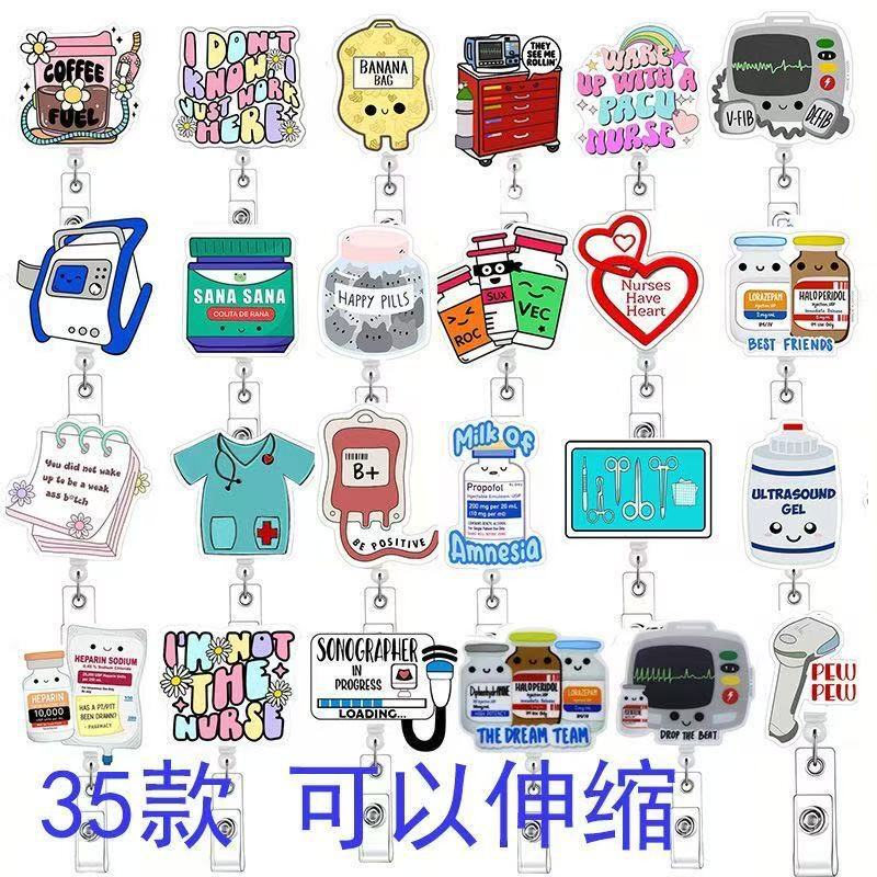 Acrylic Hospital Medical Equipment Pattern Retractable Badge Holder for Doctors and Nurses, Student Id Card Clip