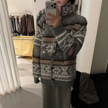 费尔岛大开衫毛衣女围巾外套冬季粗棒针宽松慵懒加厚圆领上衣新款