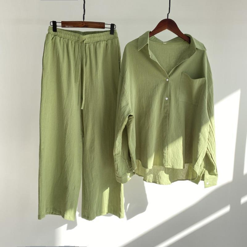 Cross-border Spring and Summer Vintage Cotton and Linen Collar Long-sleeved Shirt suit Fashion Linen High Waist Loose Ankle-length Pants Two-piece Set