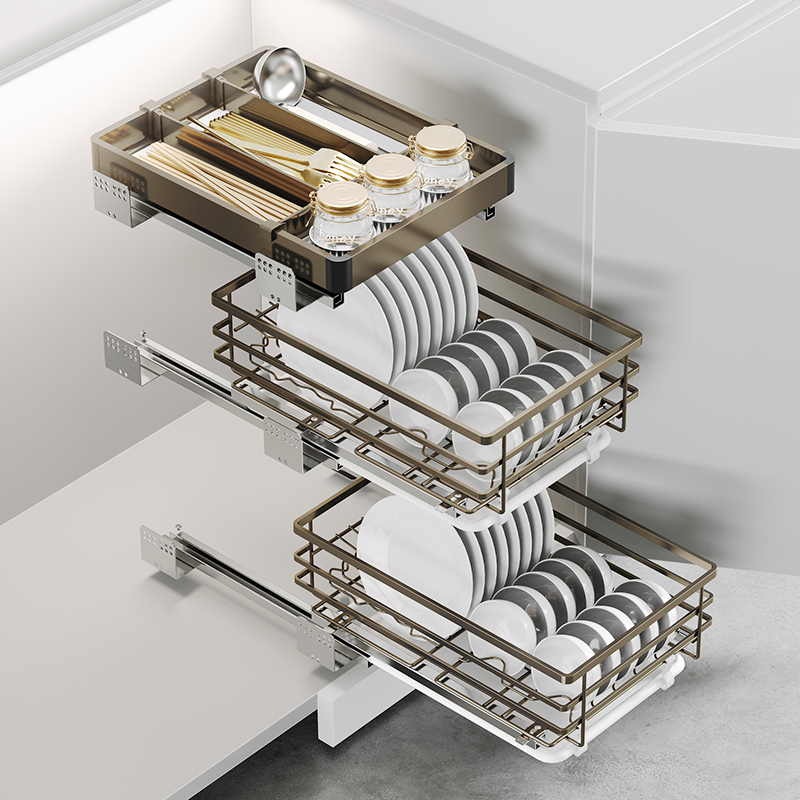 46P2厨房橱柜不锈钢碗碟拉篮小尺寸双层抽屉式调味改造窄柜