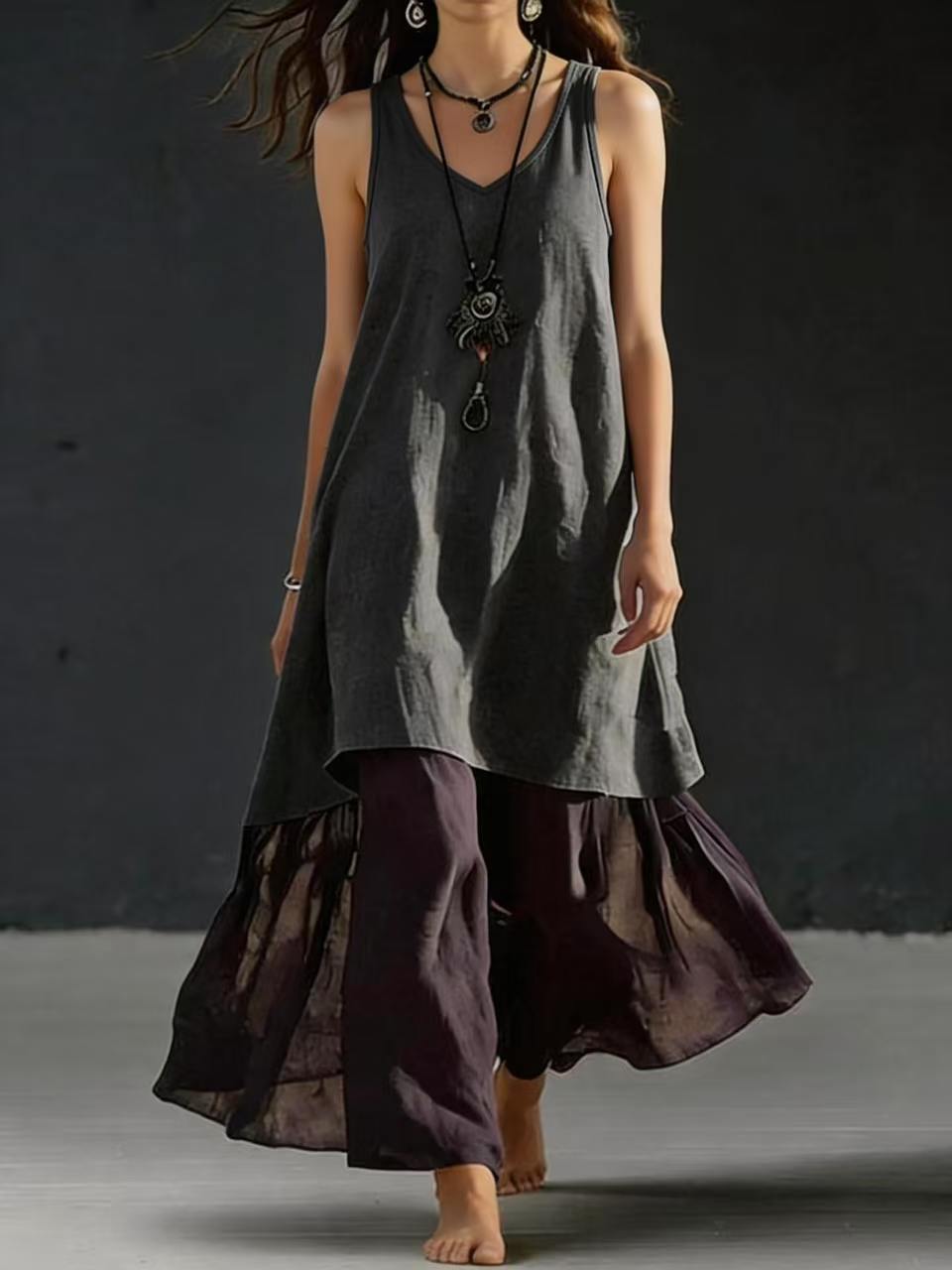 Europa y los Estados Unidos primavera y verano transfronterizos temu color sólido vestido largo suelto sin mangas V-collar chaleco casual vestido de mujer