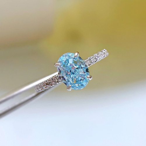 Mujing Jewelry  new style 925 silver high carbon diamond sea blue zirconium 6*8 oval radiant ring for women Mingyuan style