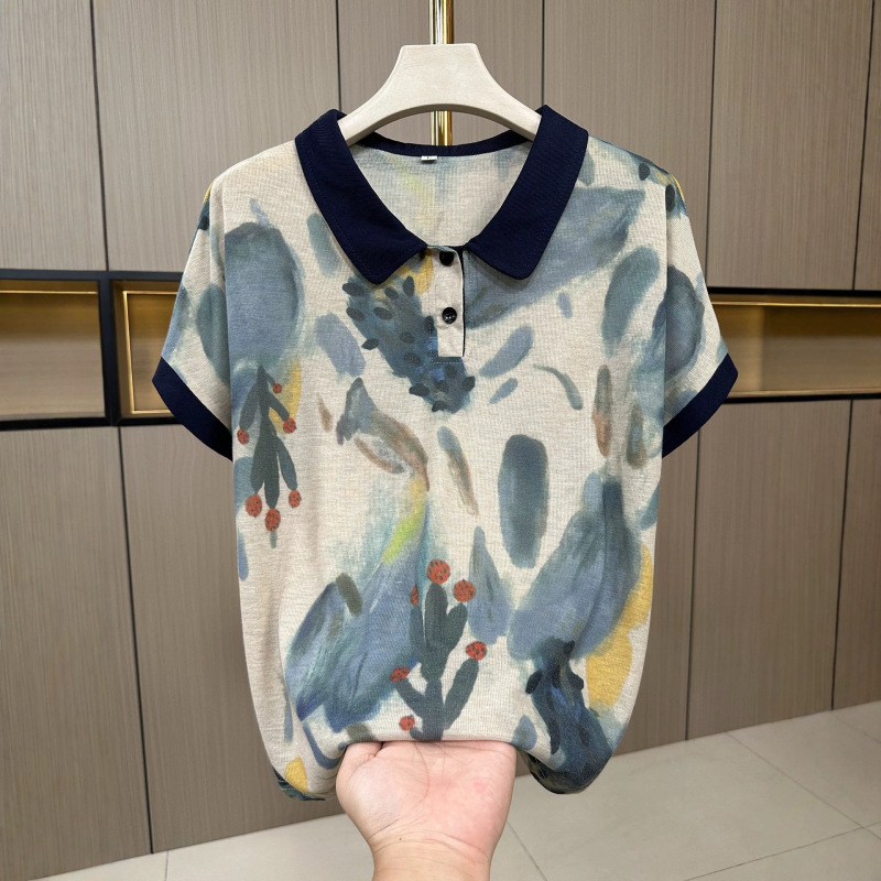 2026 Summer Stylish Age-Reducing Mom Fashion Lapel Gradient Print Short Sleeve T-Shirt for Women Versatile Slimming Top