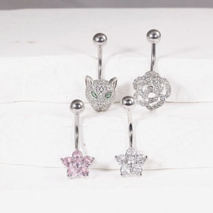 Leopard head navel nail female sexy inlaid zircon rose plum blossom navel ring body piercing cross-border jewelry