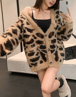 春秋秋冬加厚保暖豹纹外套韩版宽松显瘦新款洋气慵懒针织开衫毛衣
