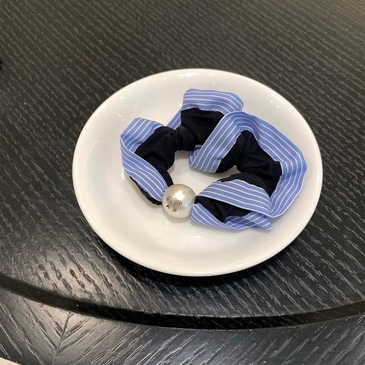 蓝条纹花边珍珠小肠发圈发绳精致蝴蝶结发圈头绳时尚通勤扎发皮筋|undefined