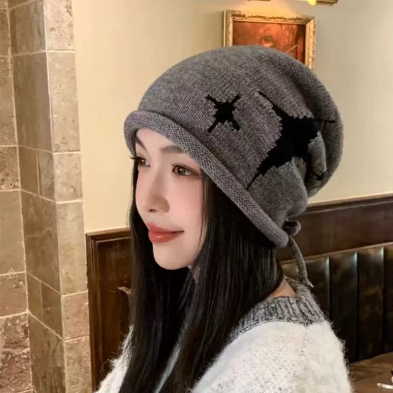 韩版抽绳堆堆帽子女秋冬毛线帽大头围显脸小包头针织百搭保暖护耳