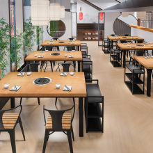 实木火锅店餐桌椅串串香烧烤店烤肉店电磁炉一体桌子商用桌椅组合