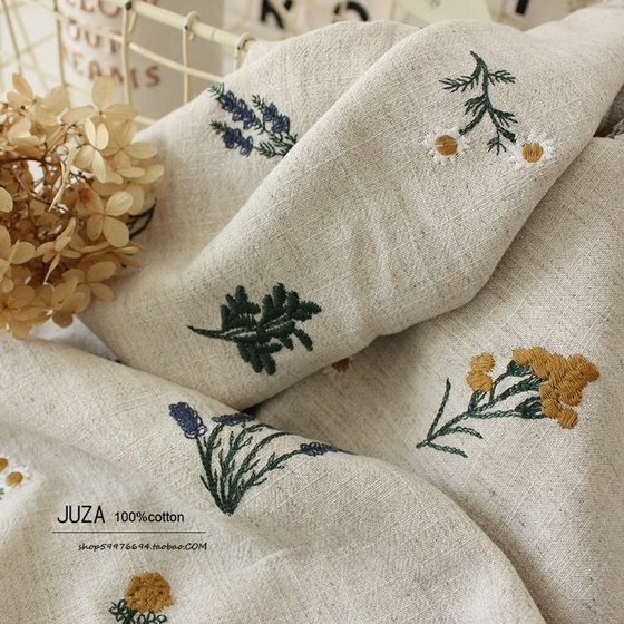 Cotton and Linen Embroidered Fabric Lavender Handmade Fabric Garment Fabric Pastoral Style 2 Colors