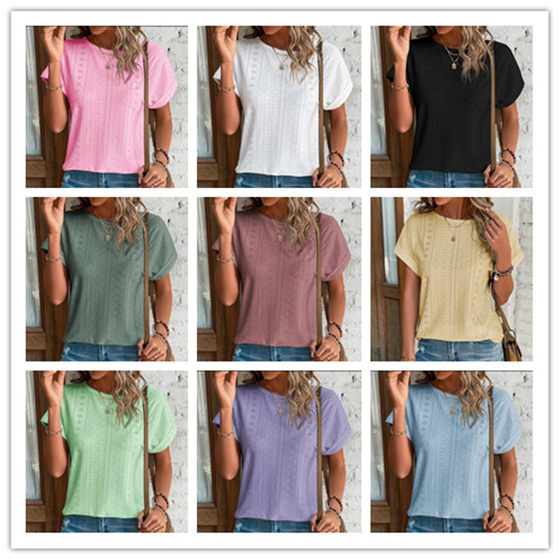 2023 Amazon ebay independent station European and American summer new solid color short sleeve hollow casual shirt cross-border in stock