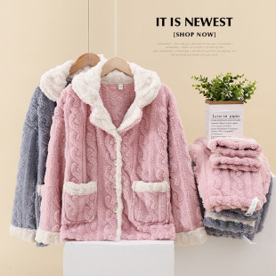 Flannel cardigan autumn and winter women's pajamas thickened warm coral fleece confinement clothing postpartum nursing fleece-lined home wear