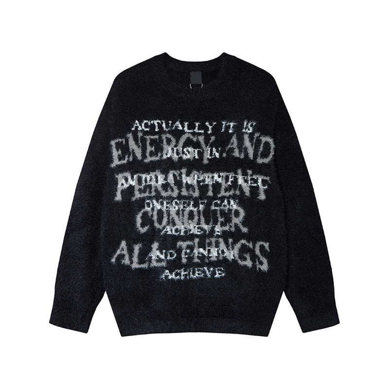 美式潮牌毛衣男女情侣装秋冬宽松慵懒风仿貂毛软糯小众露肩针织衫