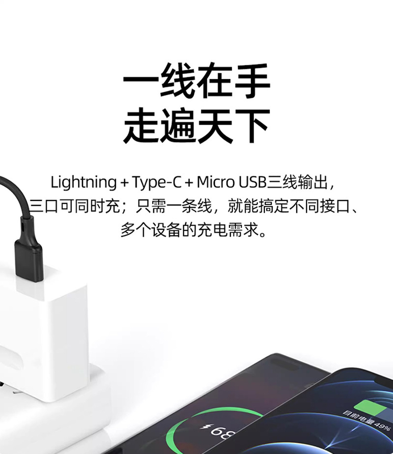 3-in-1-Datenkabel Schnellladung, 1-auf-3 Ladekabel-Set passend für OPPO Android Huawei Xiaomi Apple Mobiltelefone