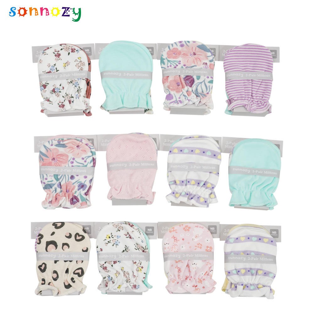 Guantes antiarañazos de algodón para bebés con estampados de colores variados, transpirables para todas las estaciones, guantes para recién nacidos, venta al por mayor transfronteriza.