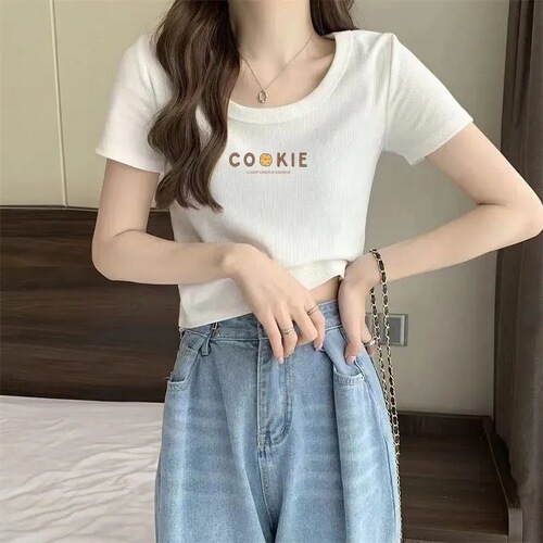 Ice Silk Ribbed T-Shirt: New Sweet & Spicy Style, Slim-Fit Cropped Top for Petite Figures, Casual Off-Shoulder Short-Sleeve Tee—Instagram Trending