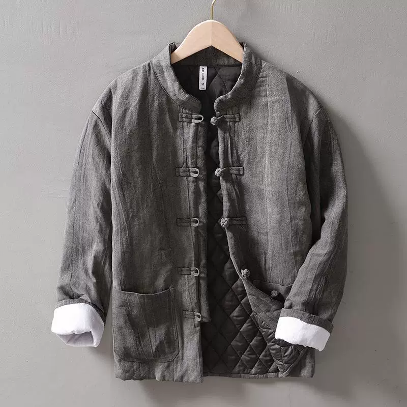 L116 中国风复古百搭宽松立领盘扣加厚保暖苎麻棉衣男士 一件代发