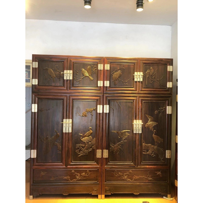 Laos Red Rosewood, Cochin Rosewood, Silk Feather Sandalwood Carving, Pine Crane Wardrobe Top Box Cabinet