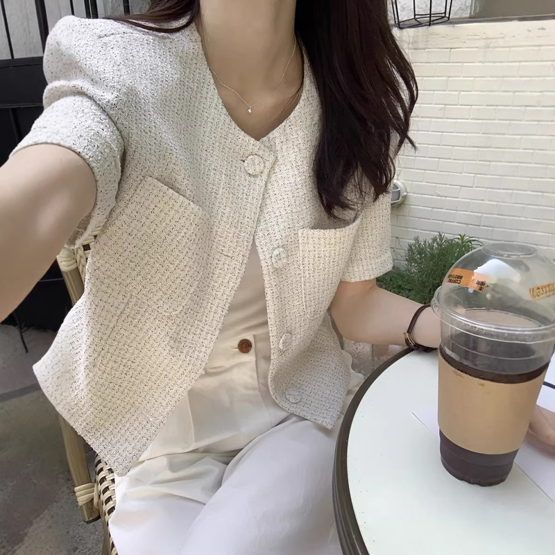 Korean Chic Style French-Style Short-Sleeve Plaid Jacket for Women, Slimming and Versatile Cardigan