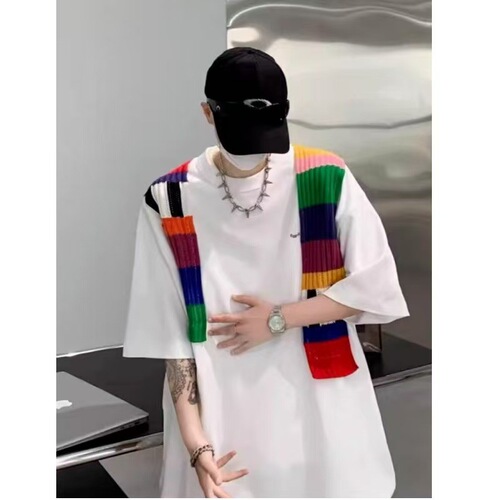 Funkixia Color Block Oversize Design Embroidered Crew Neck Streetwear Loose Short Sleeve T-Shirt for Men and Women