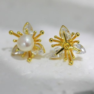 Dan Tao S925 Silver Needle 14K Gold-Plated Color-Preserving Zircon Flower Petal Pearl Earring Setting DIY Accessory European Style
