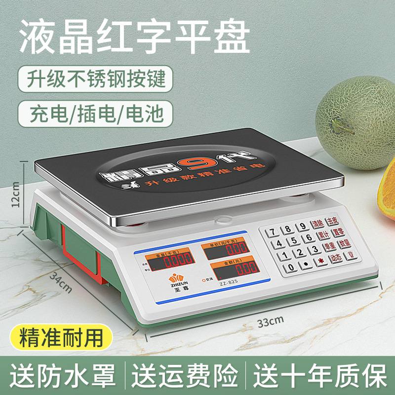 손잡이가 있는 강철 버튼, 빨간색 문자가 있는 평판(3가지 용도로 계량 팬을 고정할 수 있음)