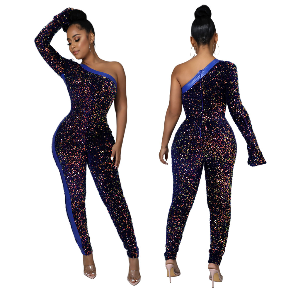 Oblique Shoulder Sequins Pu Stitching Slim Jumpsuit NSCYF112177