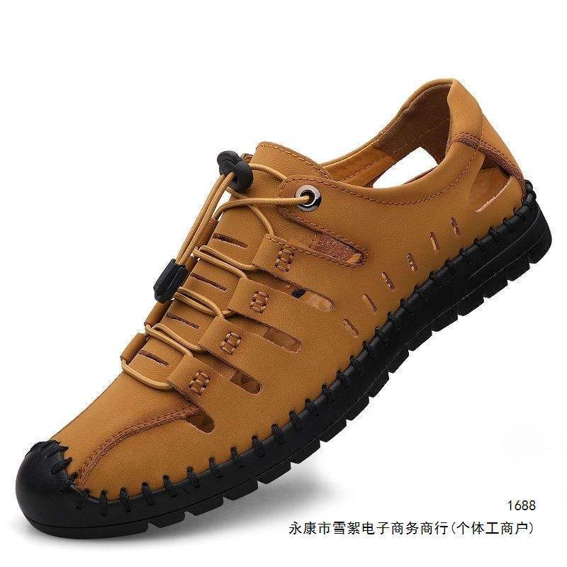 Breathable men's casual leather shoes, closed-toe perforated hollow summer clogs in black, khaki, and light brown