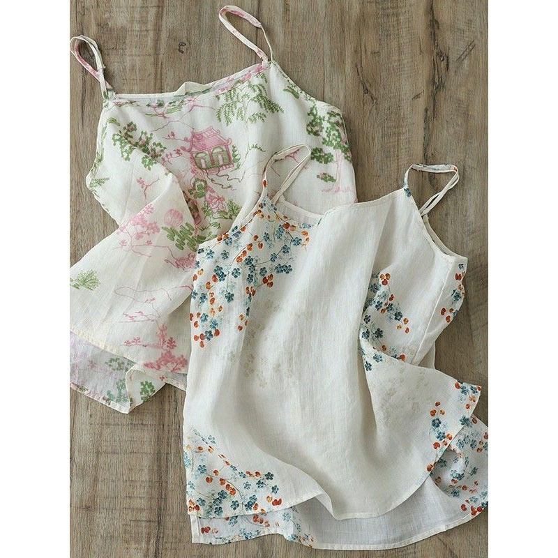 Fashionable Printed Ramie Camisole for Women, New Summer Style, Thin Floral Top Made of Cotton and Linen