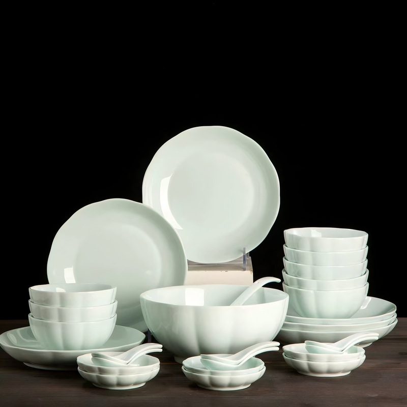 Underglaze Color Free Combination Ceramic Household Jade Porcelain Pumpkin Rice Large Noodle Bowl Tableware Set Chinese Bowls and Plates