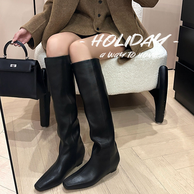2025纯手工制作纯色复古简约内增高骑士靴一脚蹬方头粗跟中筒女靴|undefined