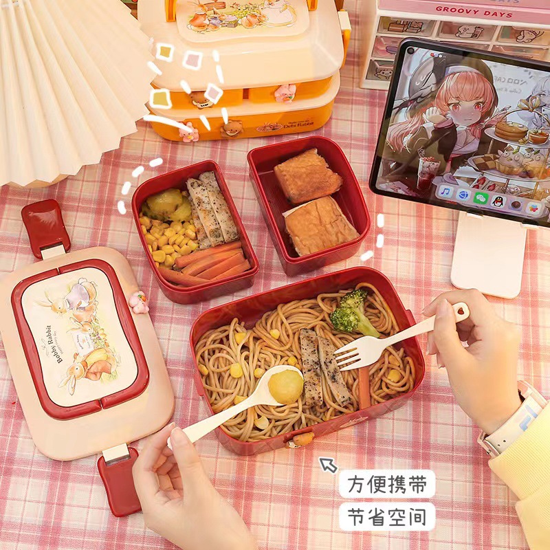 Lonchera japonesa estilo bento para estudiantes, juego de vajilla, lonchera de plástico de doble capa, lonchera apta para microondas, lonchera para estudiantes