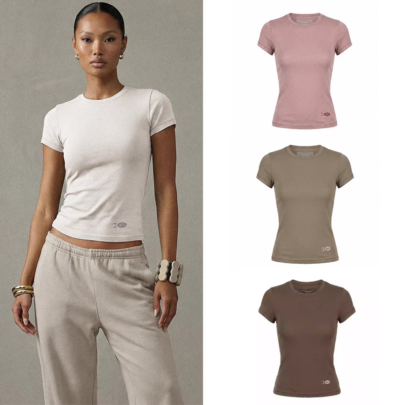 Badblood American Minimalist Style Casual Sports Short-Sleeved Hottie Round Neck Slim Fit Tobacco-Colored Top T-Shirt