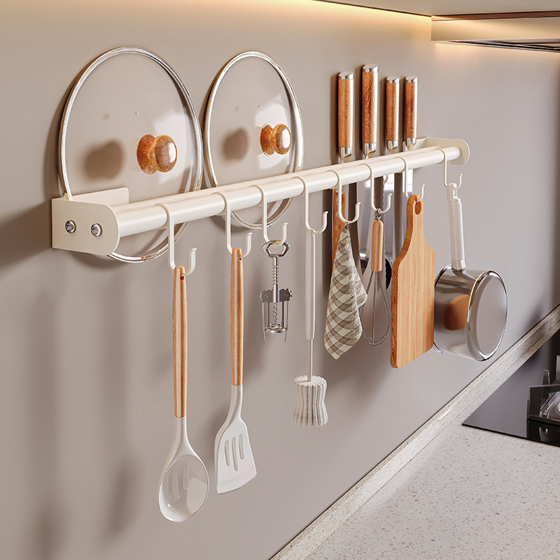 Marco de gancho de cocina blanco, poste de gancho sin perforación, soporte de cuchara de espátula de pared de cocina, estante de almacenamiento de gancho de fila
