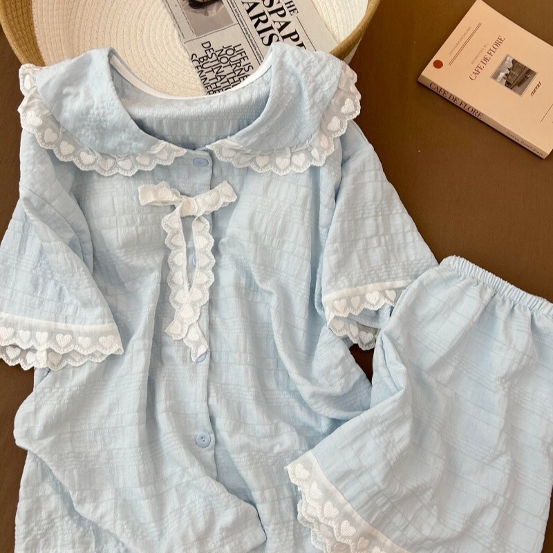 Blue Peter Pan Collar Lace 2026 Women's Summer New Style Pajamas with Chest Pads, Internet Celebrity Cartoon Korean Version Homewear Set Blue Peter Pan Collar Lace 2026 Women's Summer New Style Pajamas with Chest Pads, Internet Celebrity Cartoon Korean Version Homewear Set