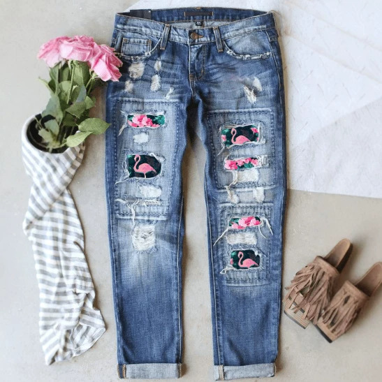 In-Stock New Model Temu Cross-Border Street Fashion Brand Ripped Patchwork Flamingo Mid-Waist Straight-Leg Washed Jeans In-Stock New Model Temu Cross-Border Street Fashion Brand Ripped Patchwork Flamingo Mid-Waist Straight-Leg Washed Jeans