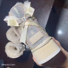 跨境专供真皮羊毛水钻松糕厚底保暖棉鞋闪钻蝴蝶结厚底雪地靴大码