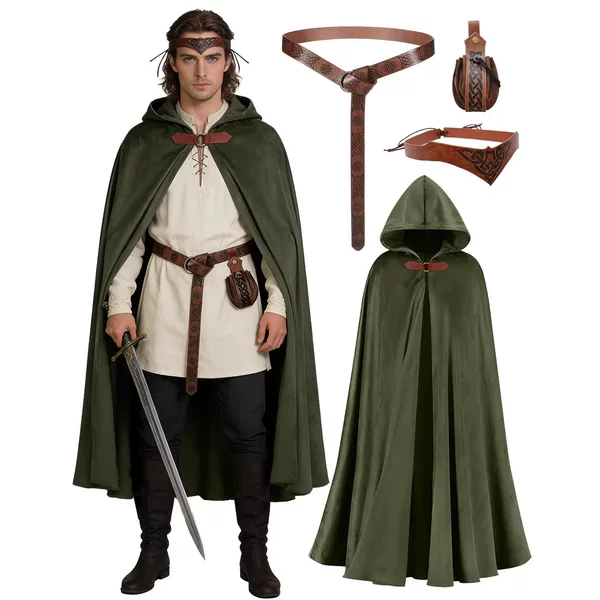 4-Piece Set of Renaissance Hooded Cloaks, Medieval Men's and Women's Halloween Costume Accessories, Cloak Belt