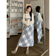 毛呢背带连衣裙女秋冬新款甜美减龄格纹叠穿设计感过膝长裙子