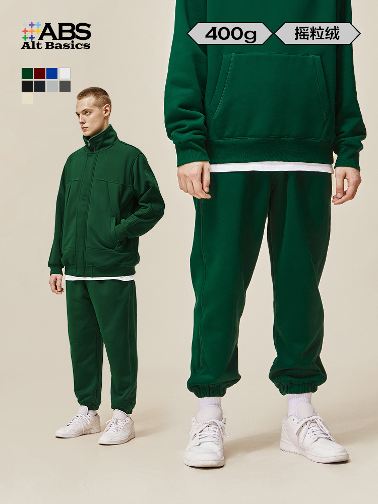 Ropa de hombre de Jieshan | 25 primavera 400g de terciopelo polar pesado hilo Hasselblad con capucha suéter de color sólido traje de pantalón